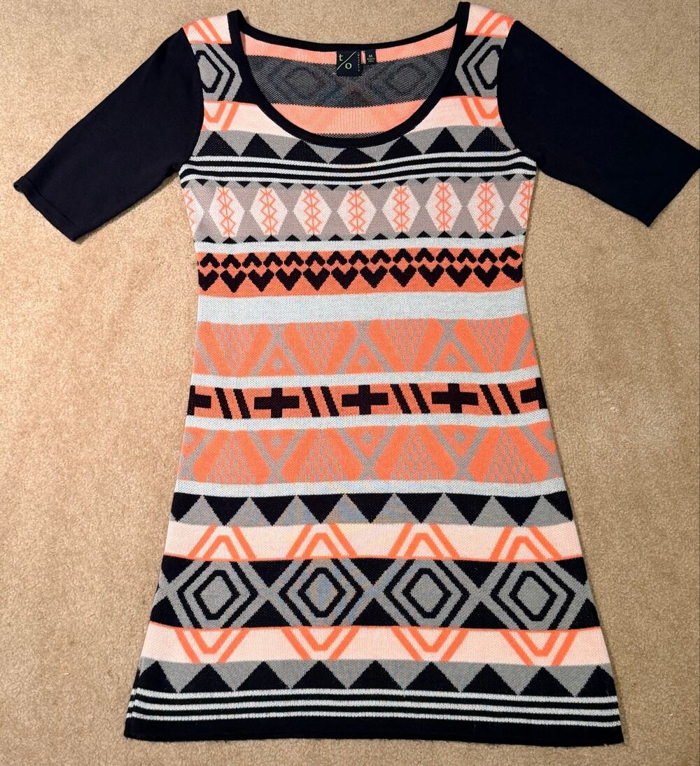 TO Sweaters Women Knit Dress Size Medium Geometric Print Multicolor Boho Casual